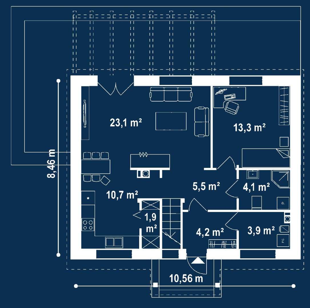 Plan parter Casă cu mansardă 102 mp utili, un dormitor, 2 băi