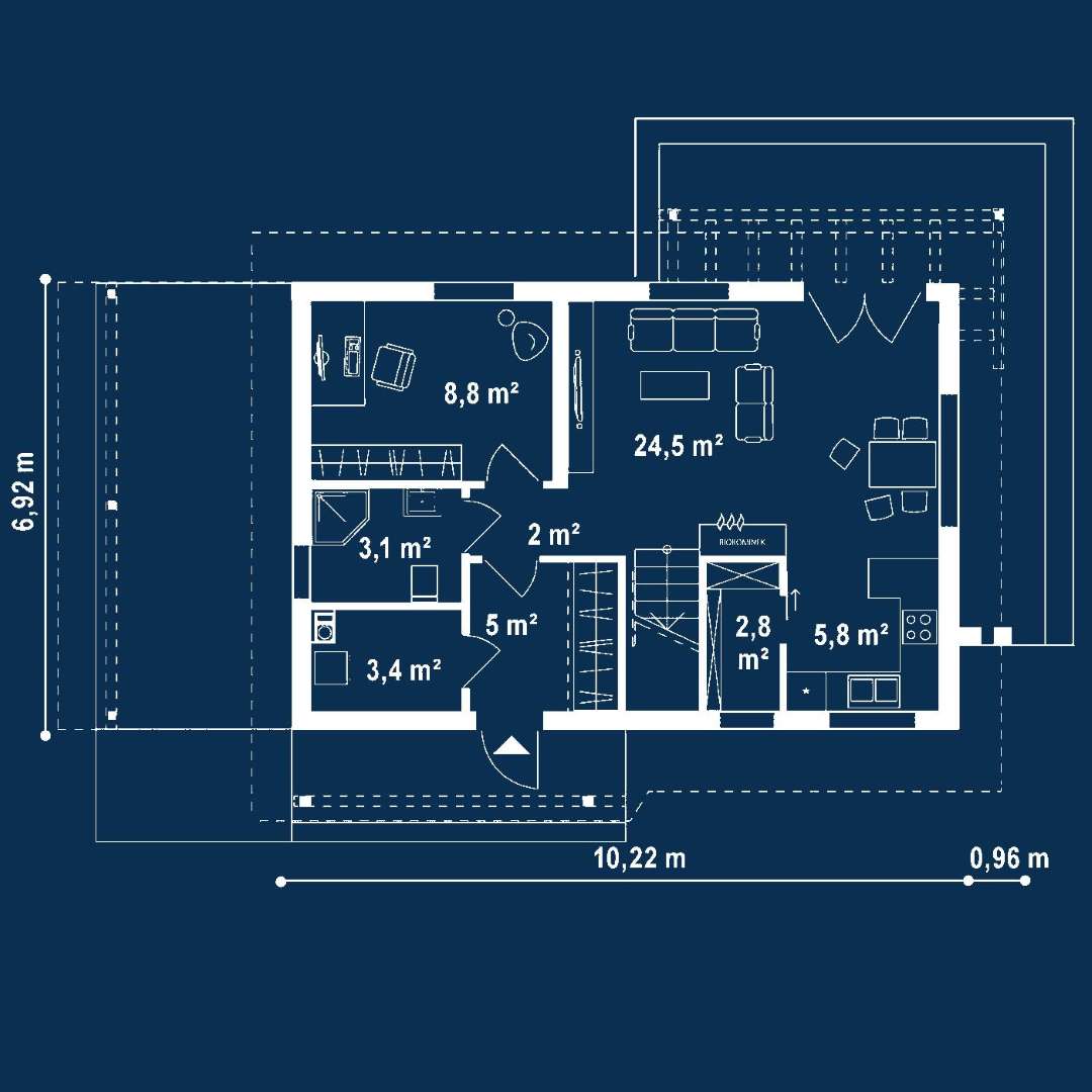 Plan parter Casă cu mansardă 92 mp utili, un dormitor, 2 băi