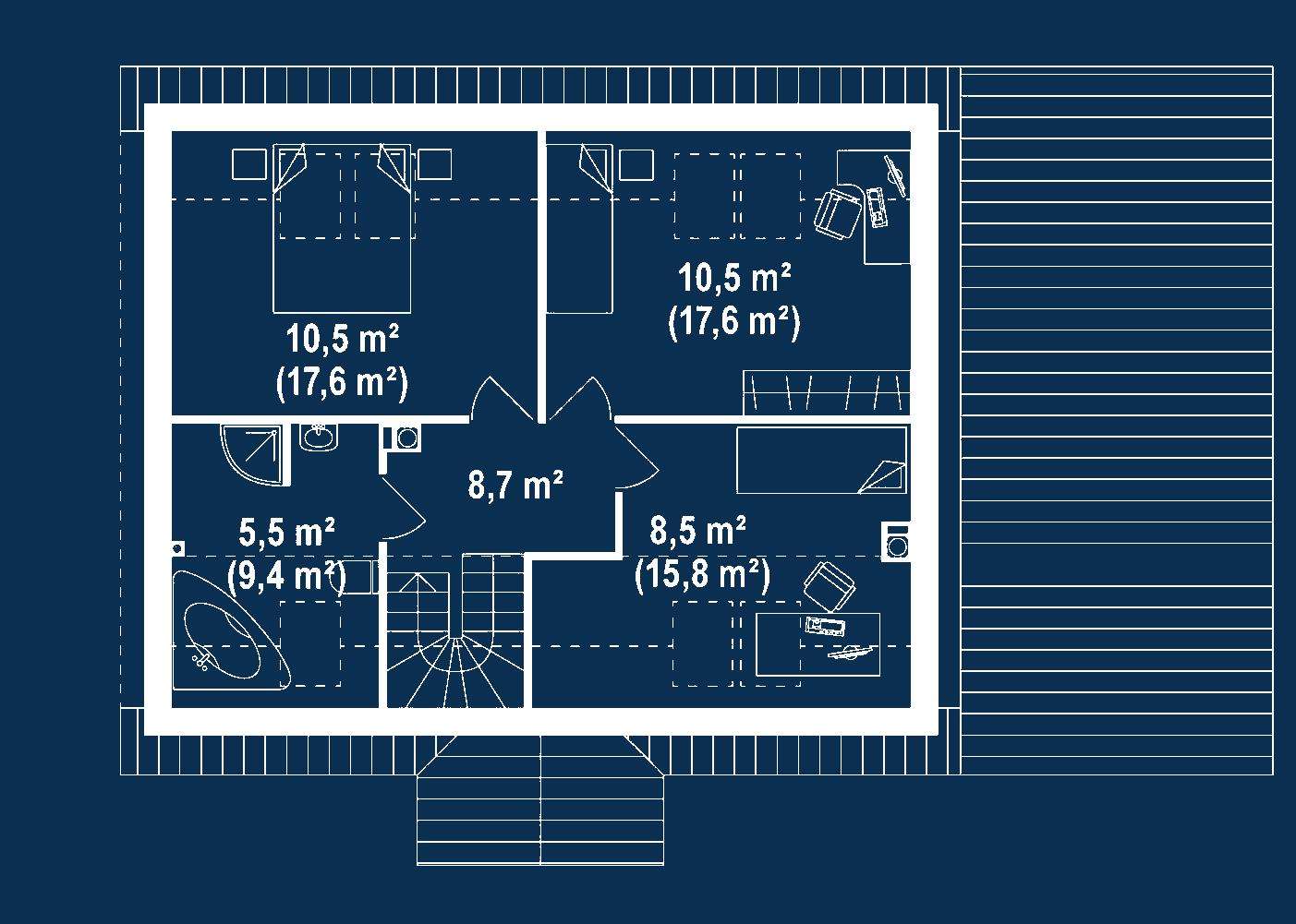Plan mansardă Casă cu mansardă 111 mp utili, un dormitor, 2 băi