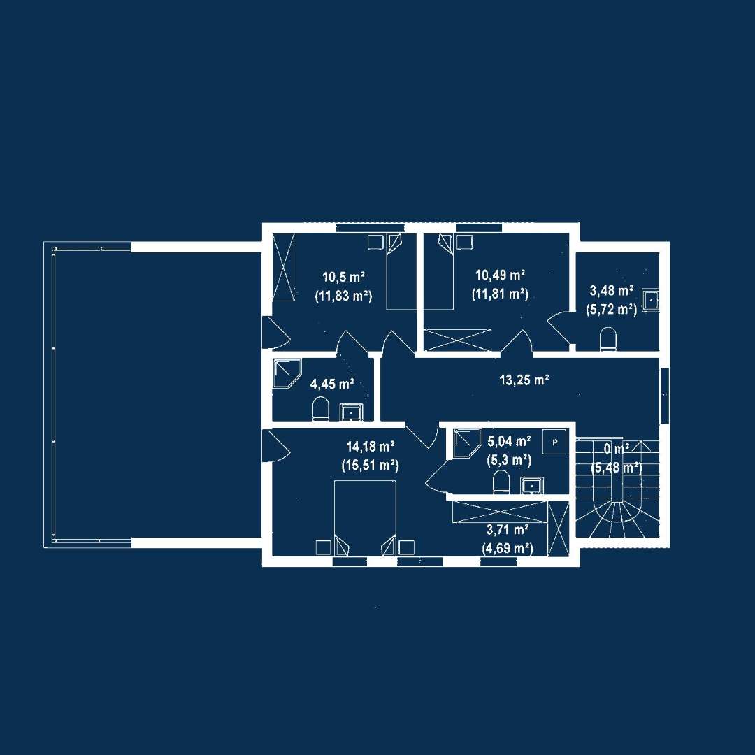 Plan mansardă Casă cu mansardă 141 mp utili, un dormitor, 4 băi