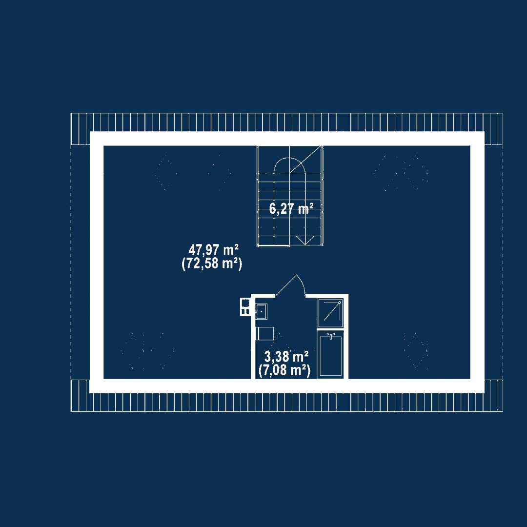 Plan mansardă Casă cu mansardă 126 mp utili, 2 dormitoare, 2 băi