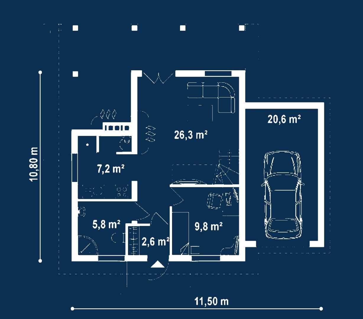 Plan parter Casă cu mansardă 91 mp utili, un dormitor, 2 băi