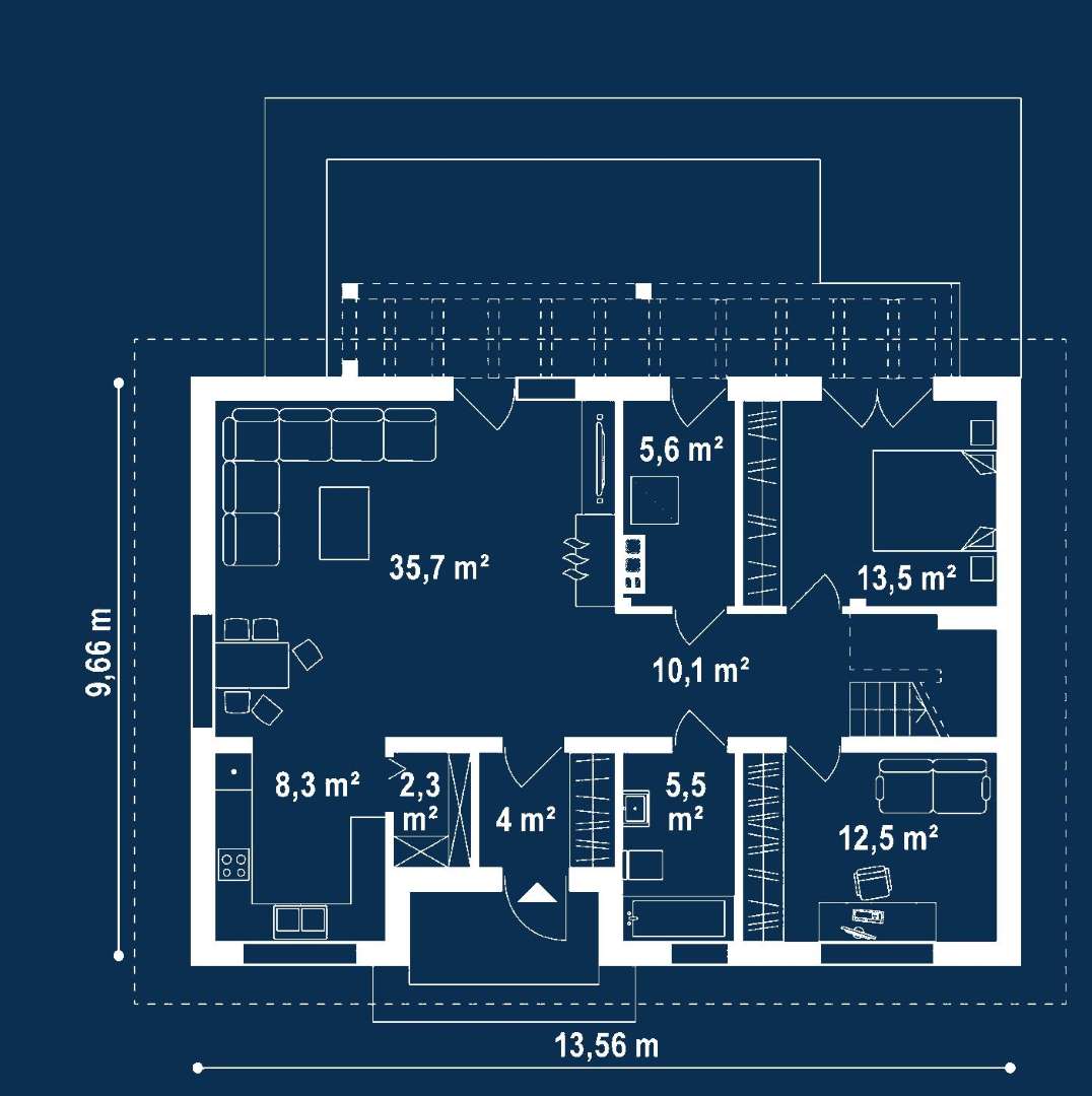 Plan parter Casă cu mansardă 154 mp utili, un dormitor, 3 băi