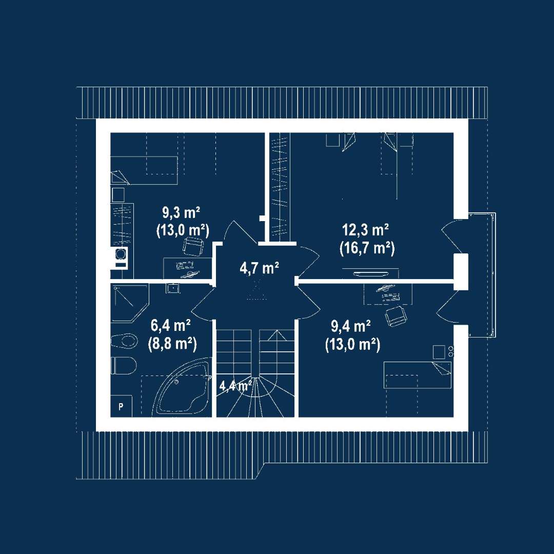 Plan mansardă Casă cu mansardă 95 mp utili, un dormitor, o baie