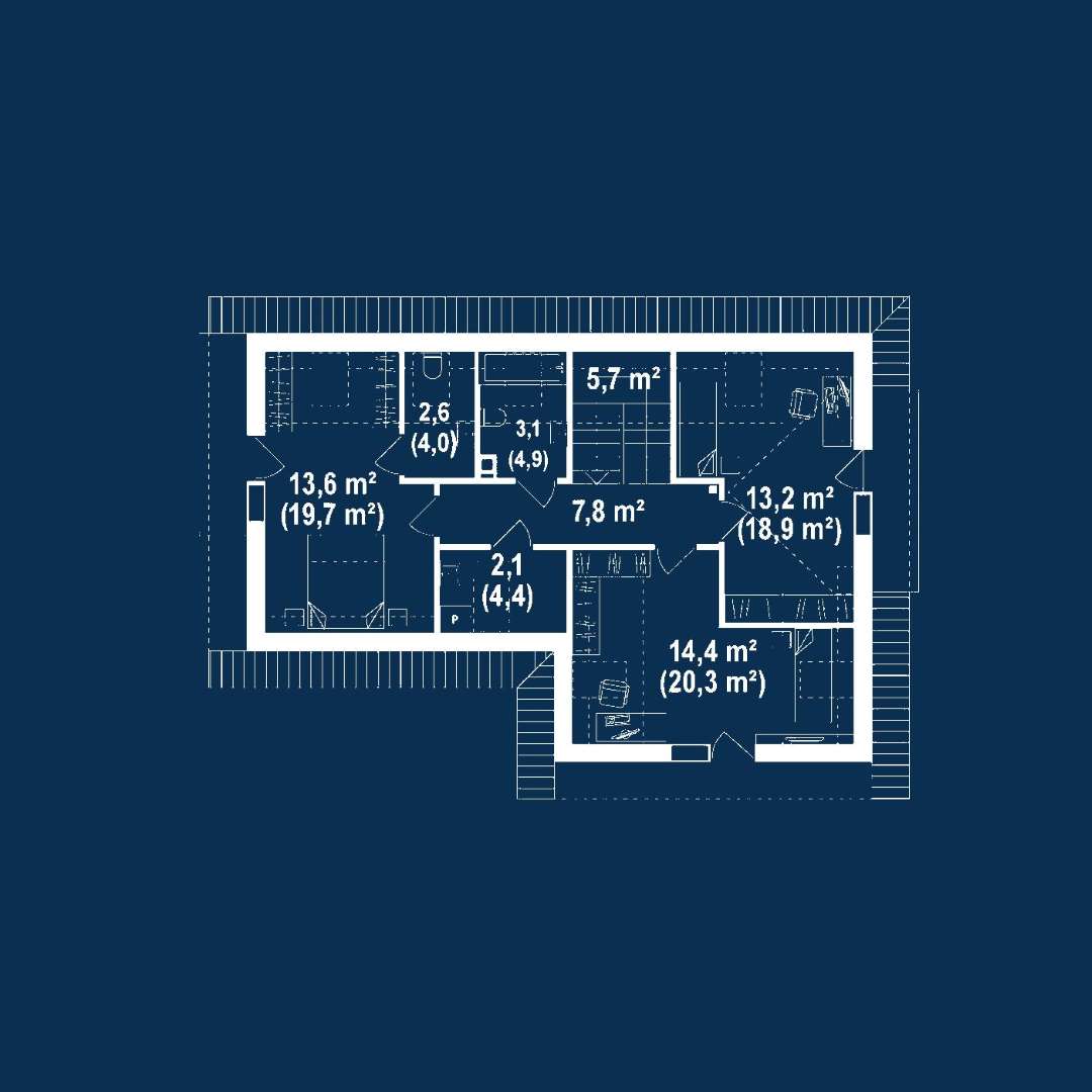 Plan mansardă Casă cu mansardă 136 mp utili, un dormitor, 2 băi