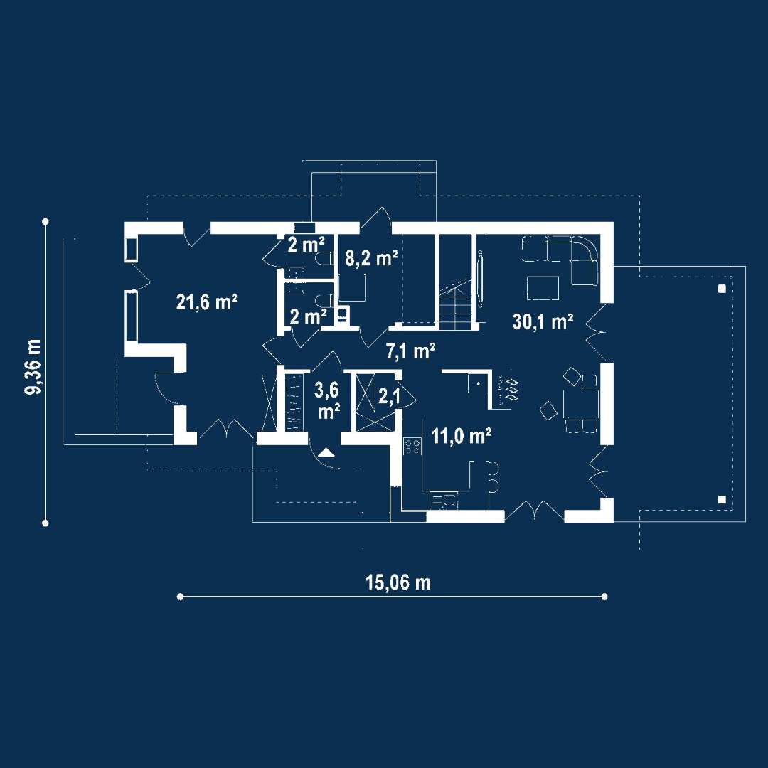 Plan parter Casă cu mansardă 136 mp utili, un dormitor, 2 băi