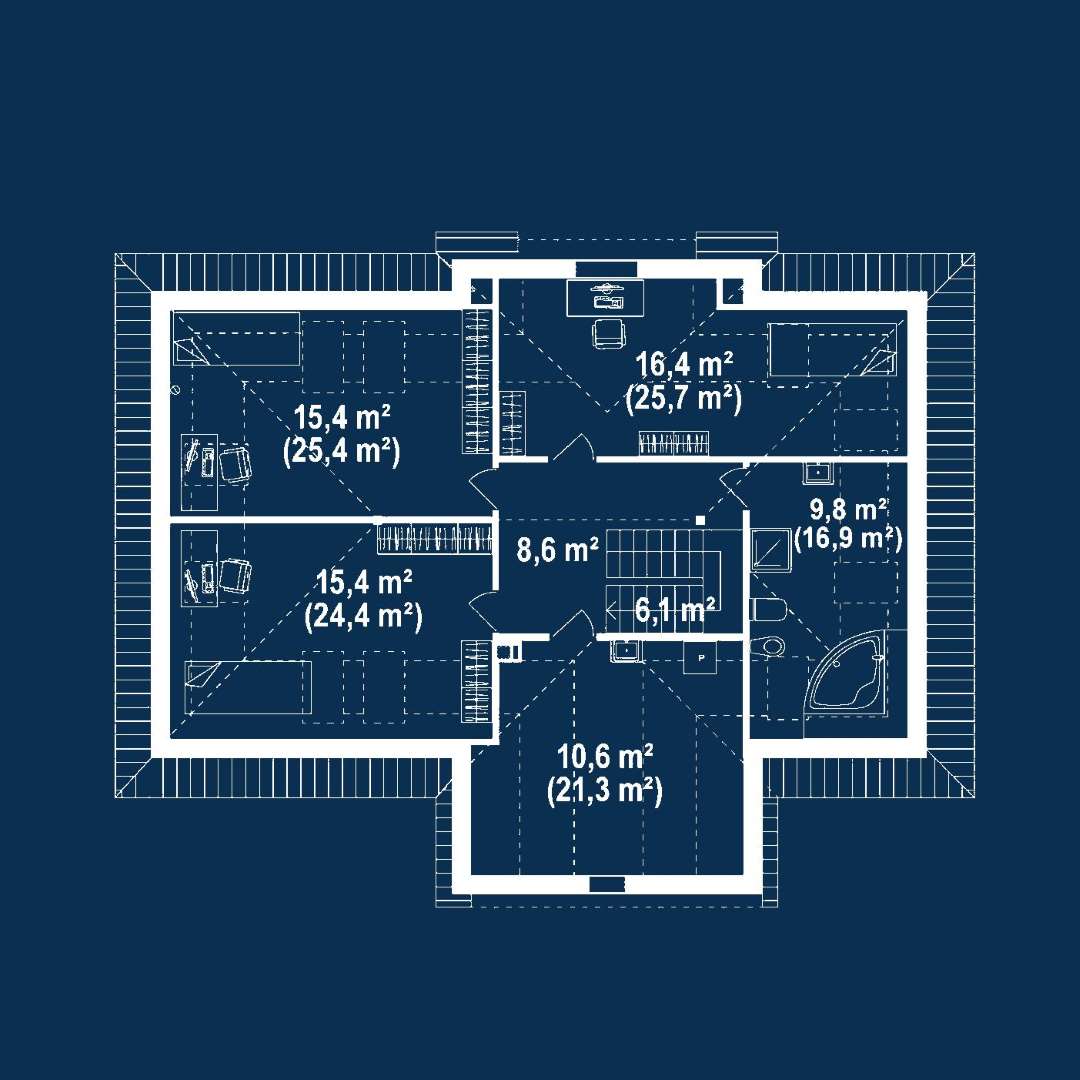 Plan mansardă Casă cu mansardă 160 mp utili, un dormitor, 2 băi