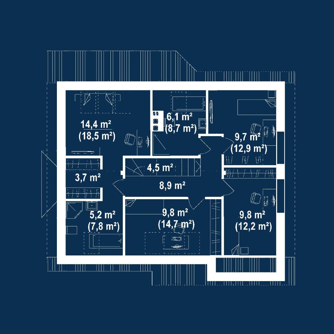 Plan mansardă Casă cu mansardă 135 mp utili, un dormitor, 2 băi
