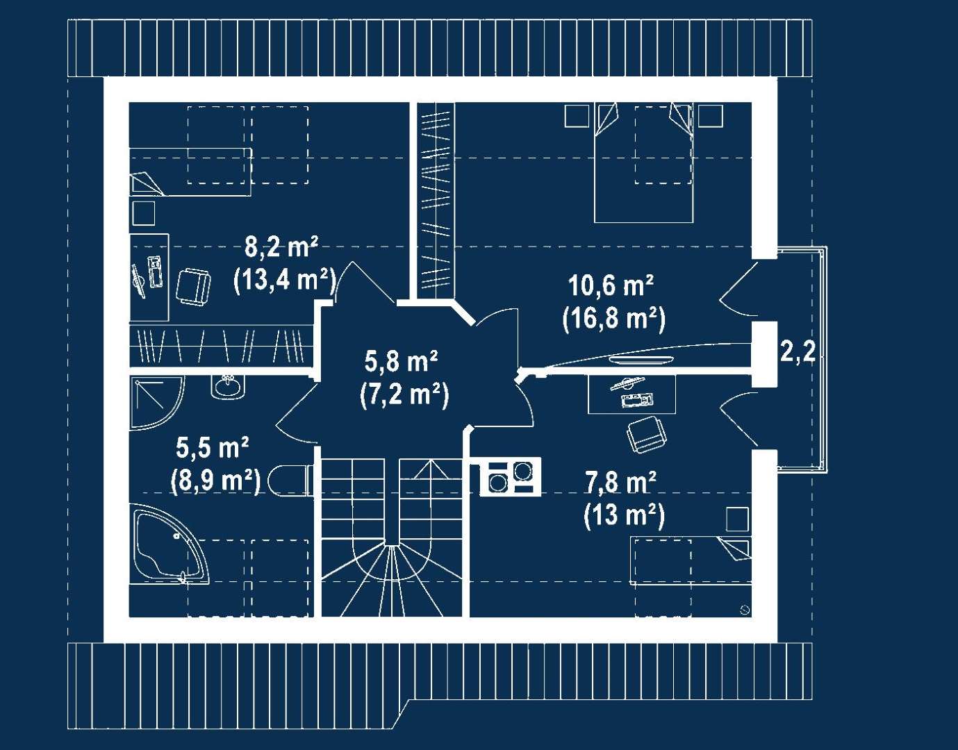 Plan mansardă Casă cu mansardă 100 mp utili, un dormitor, o baie