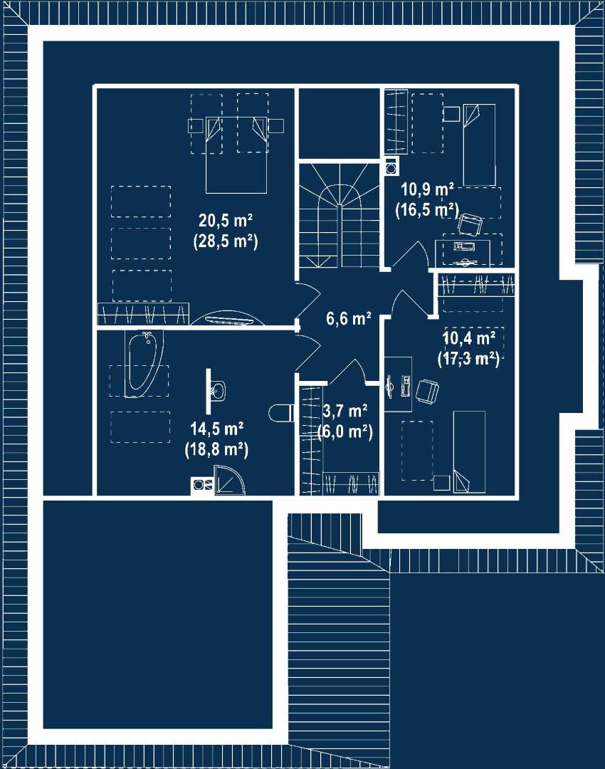 Plan mansardă Casă cu mansardă 192 mp utili, 2 dormitoare, 2 băi