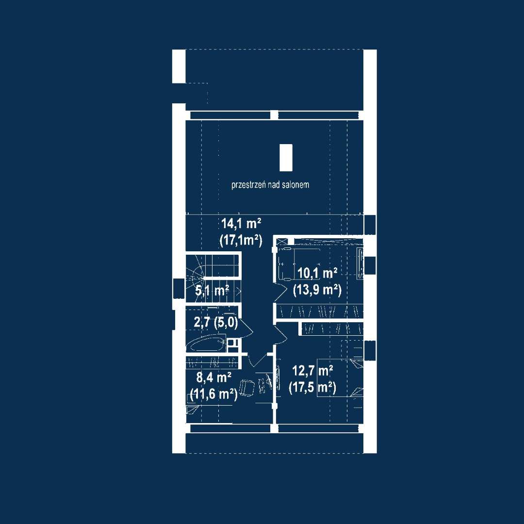 Plan mansardă Casă cu mansardă 110 mp utili, un dormitor, 2 băi