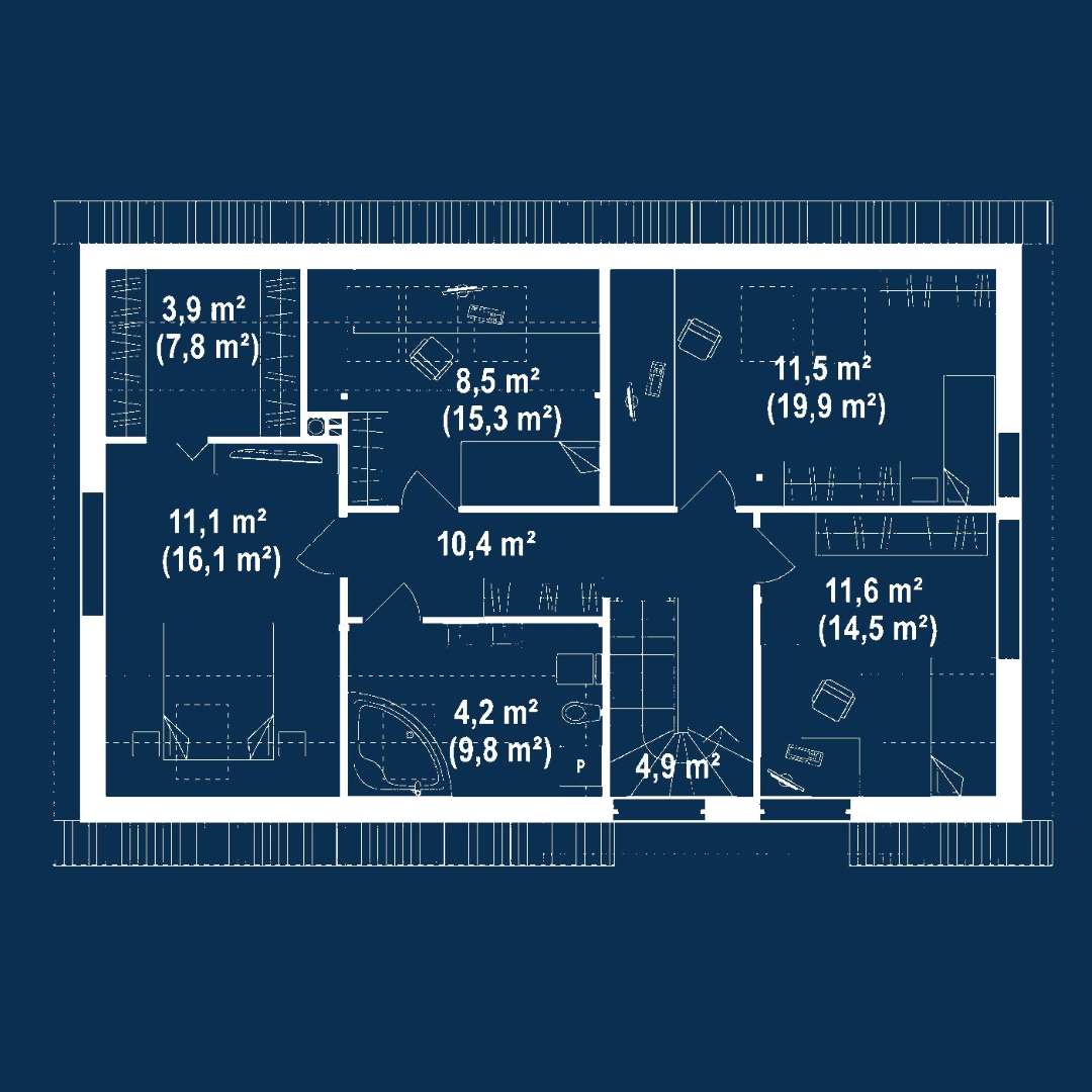 Plan mansardă Casă cu mansardă 127 mp utili, un dormitor, 2 băi