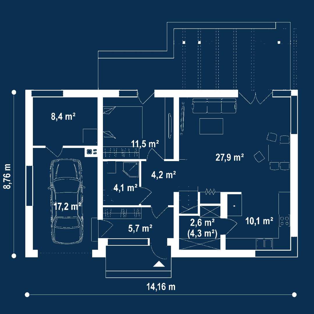 Plan parter Casă cu mansardă 127 mp utili, un dormitor, 2 băi