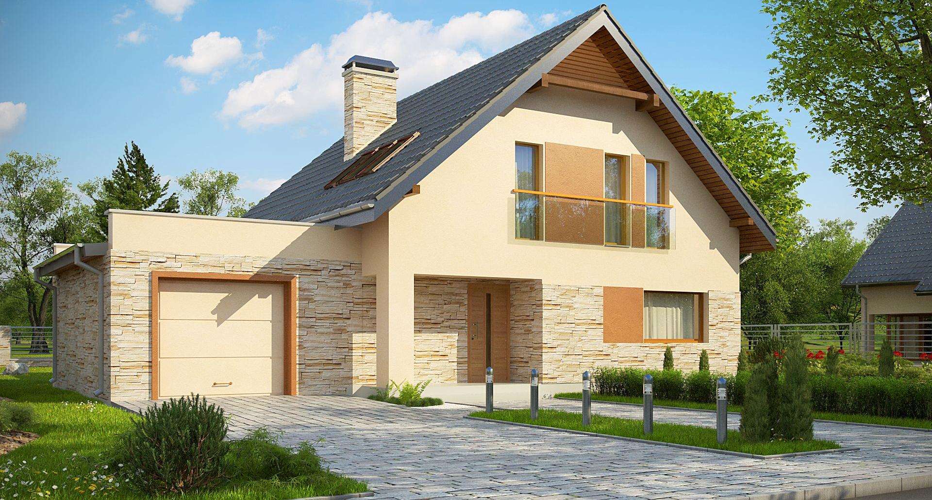 Fatada Casă cu mansardă 124 mp utili, un dormitor, 2 băi