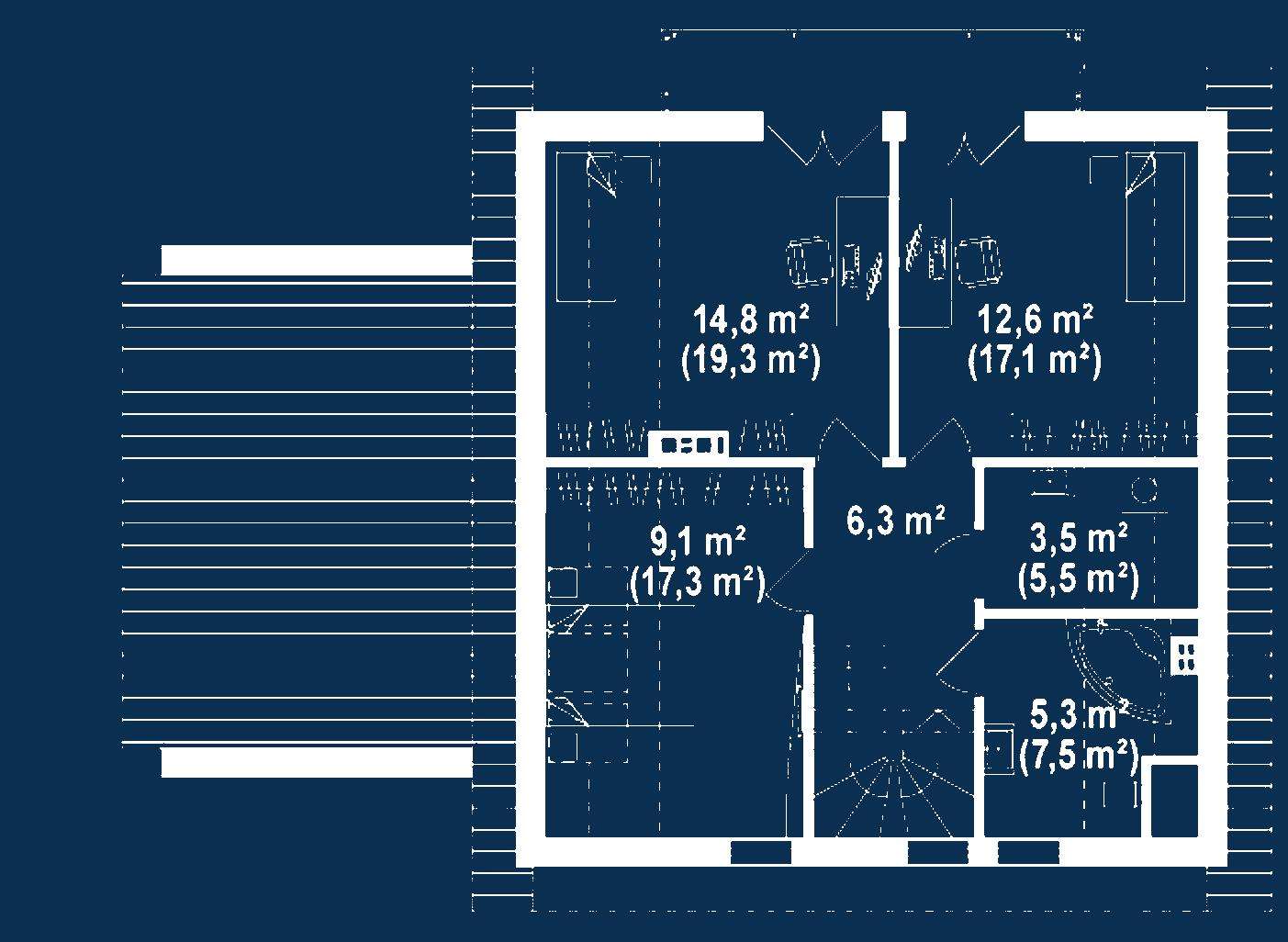 Plan mansardă Casă cu mansardă 124 mp utili, un dormitor, 2 băi