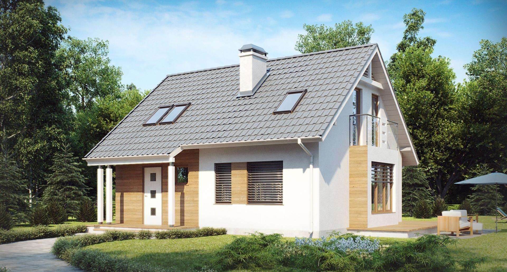 Fatada Casă cu mansardă 89 mp utili, un dormitor, 2 băi
