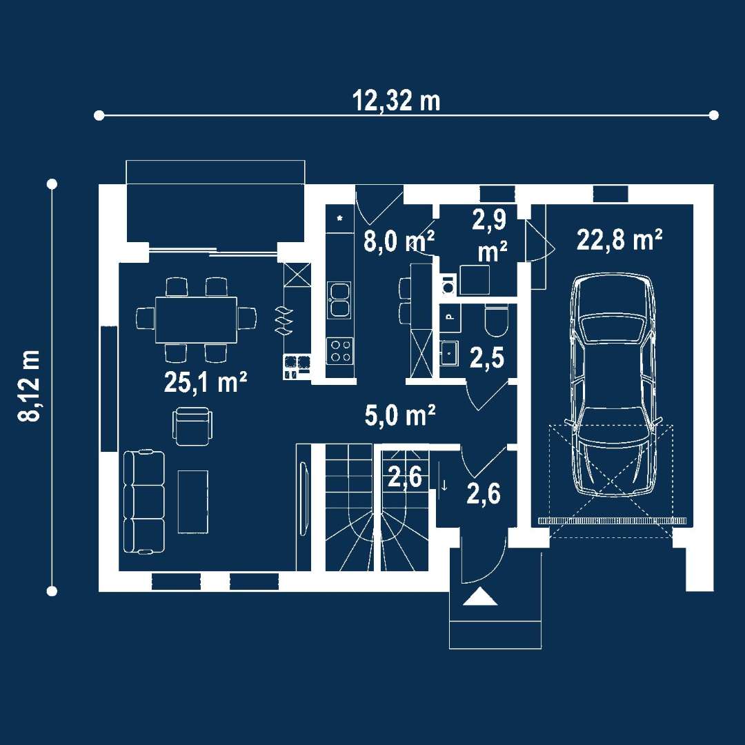 Plan parter Casă cu mansardă 89 mp utili, un dormitor, o baie