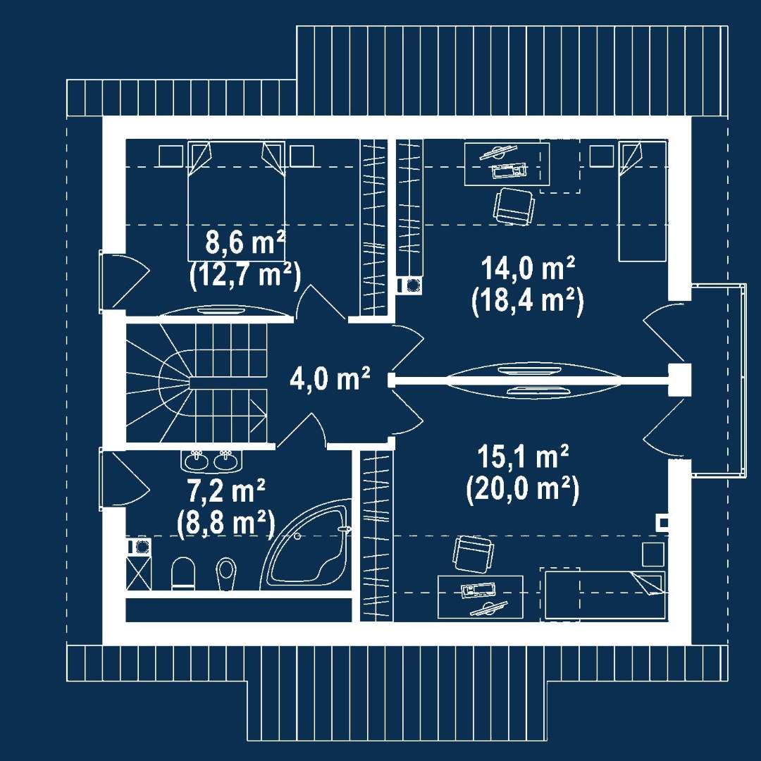Plan mansardă Casă cu mansardă 113 mp utili, un dormitor, 2 băi