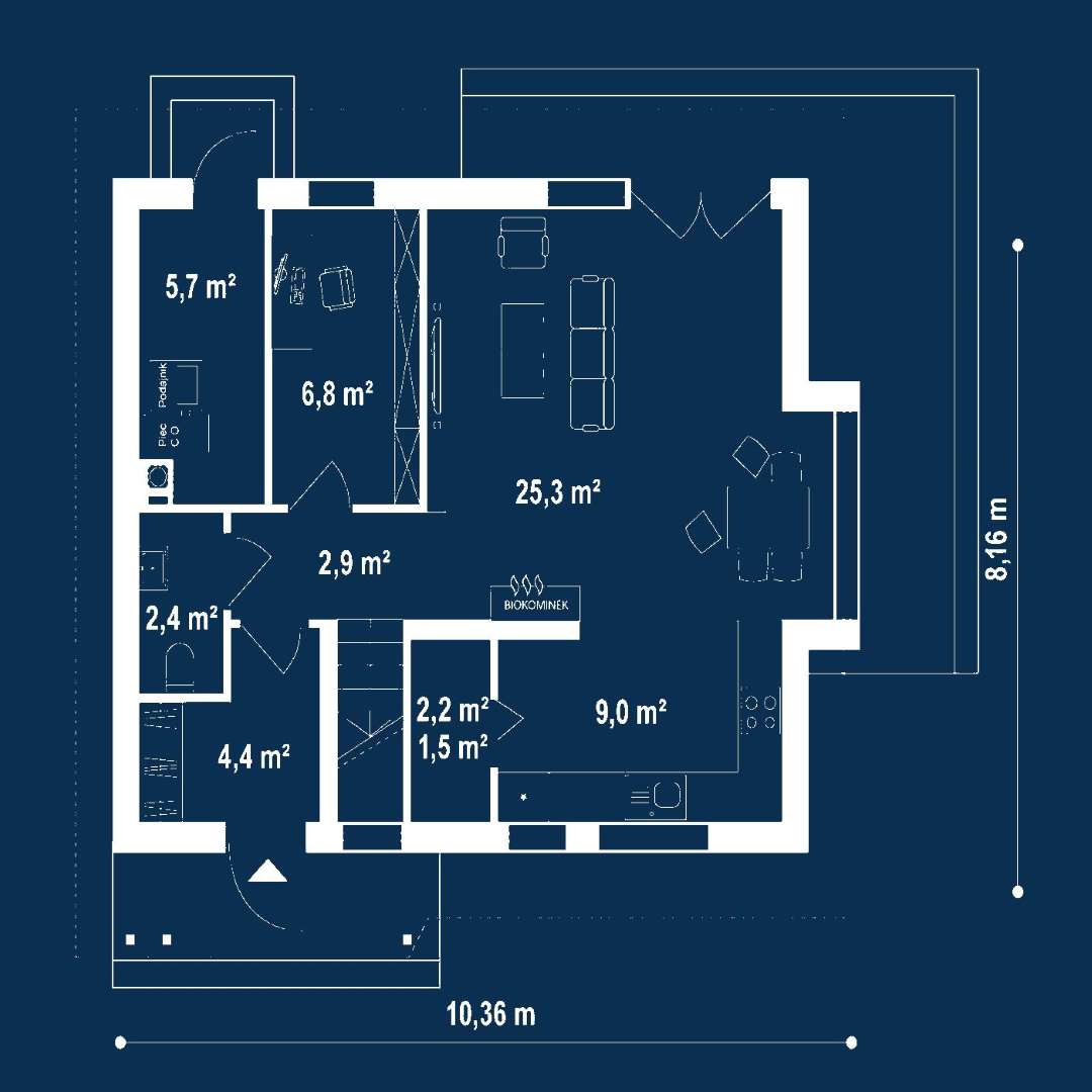 Plan parter Casă cu mansardă 94 mp utili, un dormitor, o baie