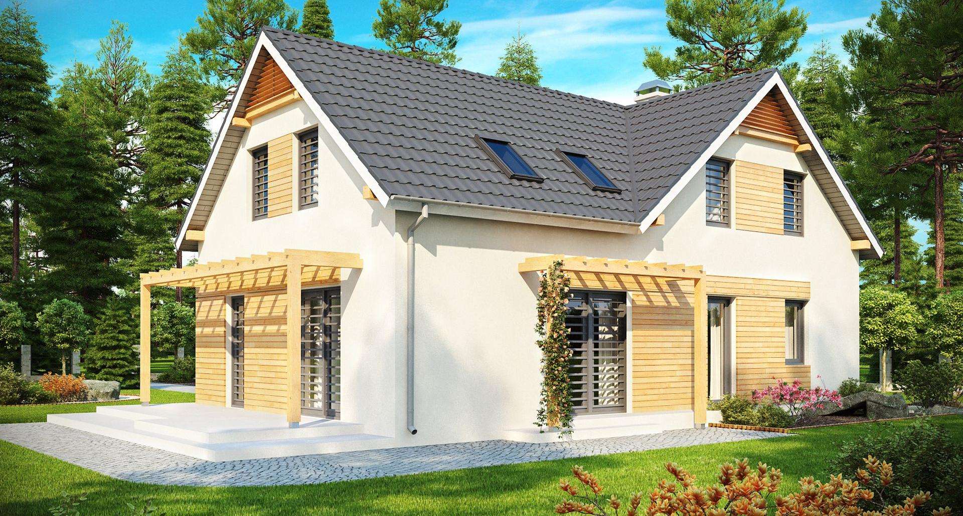 Fatada Casă cu mansardă 136 mp utili, un dormitor, 3 băi