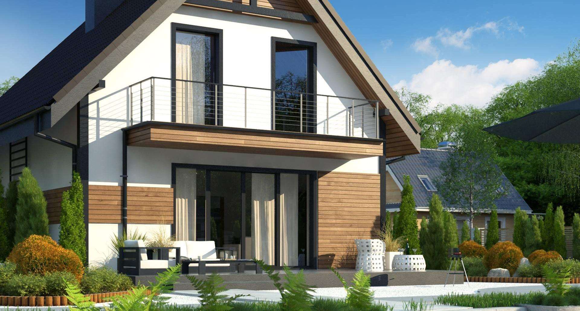 Fatada Casă cu mansardă 106 mp utili, un dormitor, 2 băi