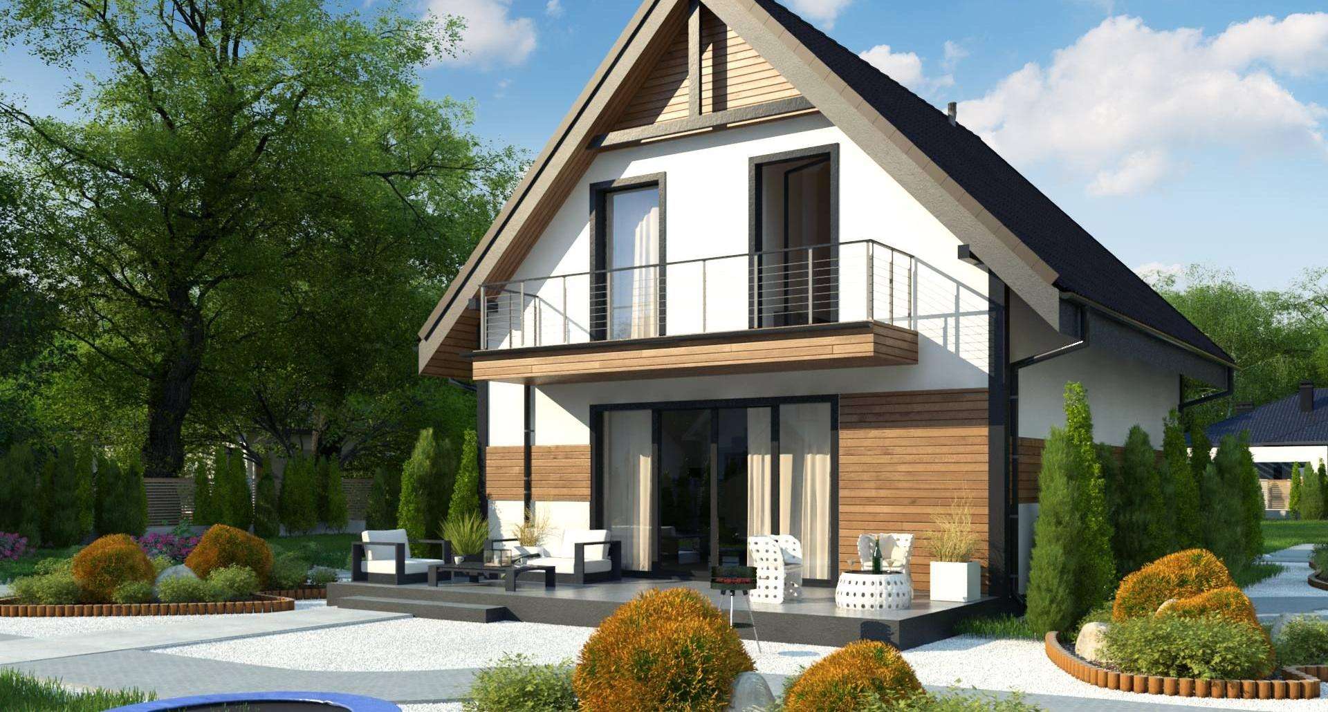 Fatada Casă cu mansardă 106 mp utili, un dormitor, 2 băi