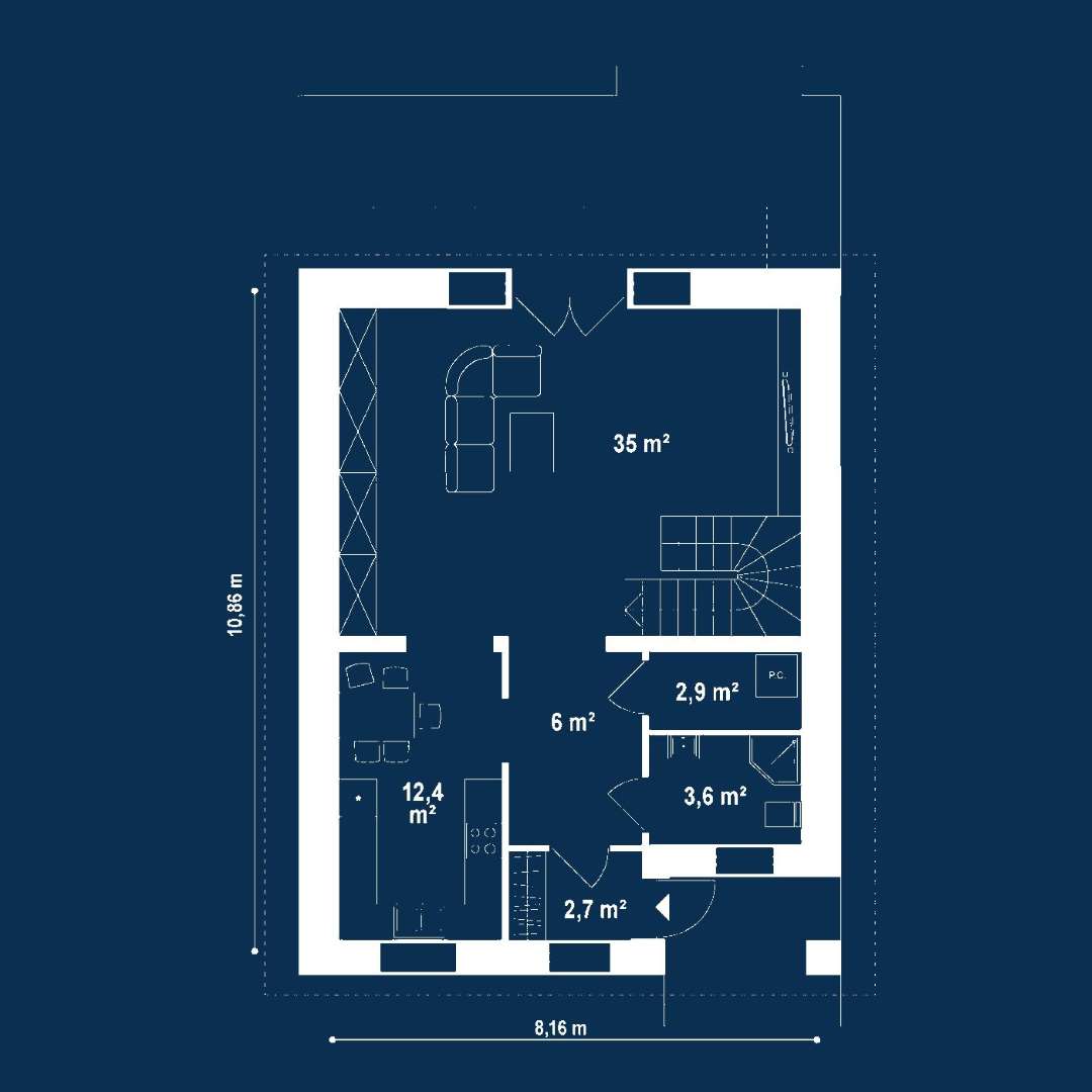 Plan parter Casă cu mansardă 106 mp utili, un dormitor, 2 băi