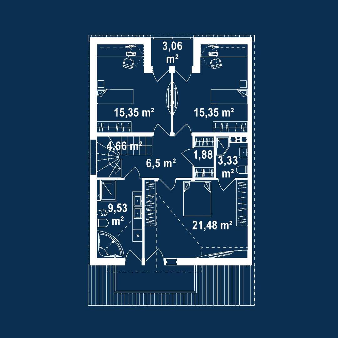 Plan mansardă Casă cu mansardă 134 mp utili, un dormitor, 2 băi