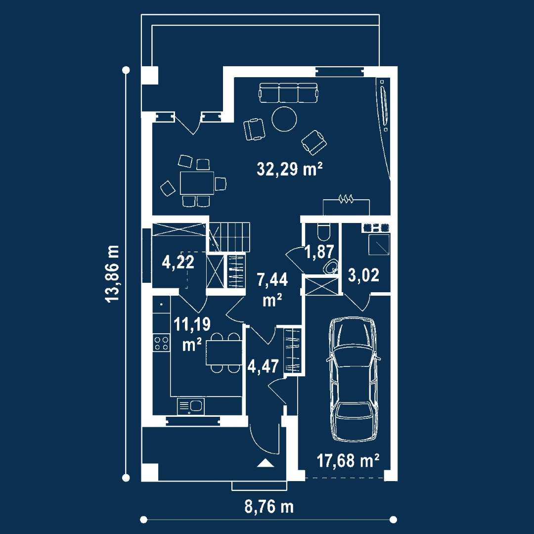 Plan parter Casă cu mansardă 134 mp utili, un dormitor, 2 băi