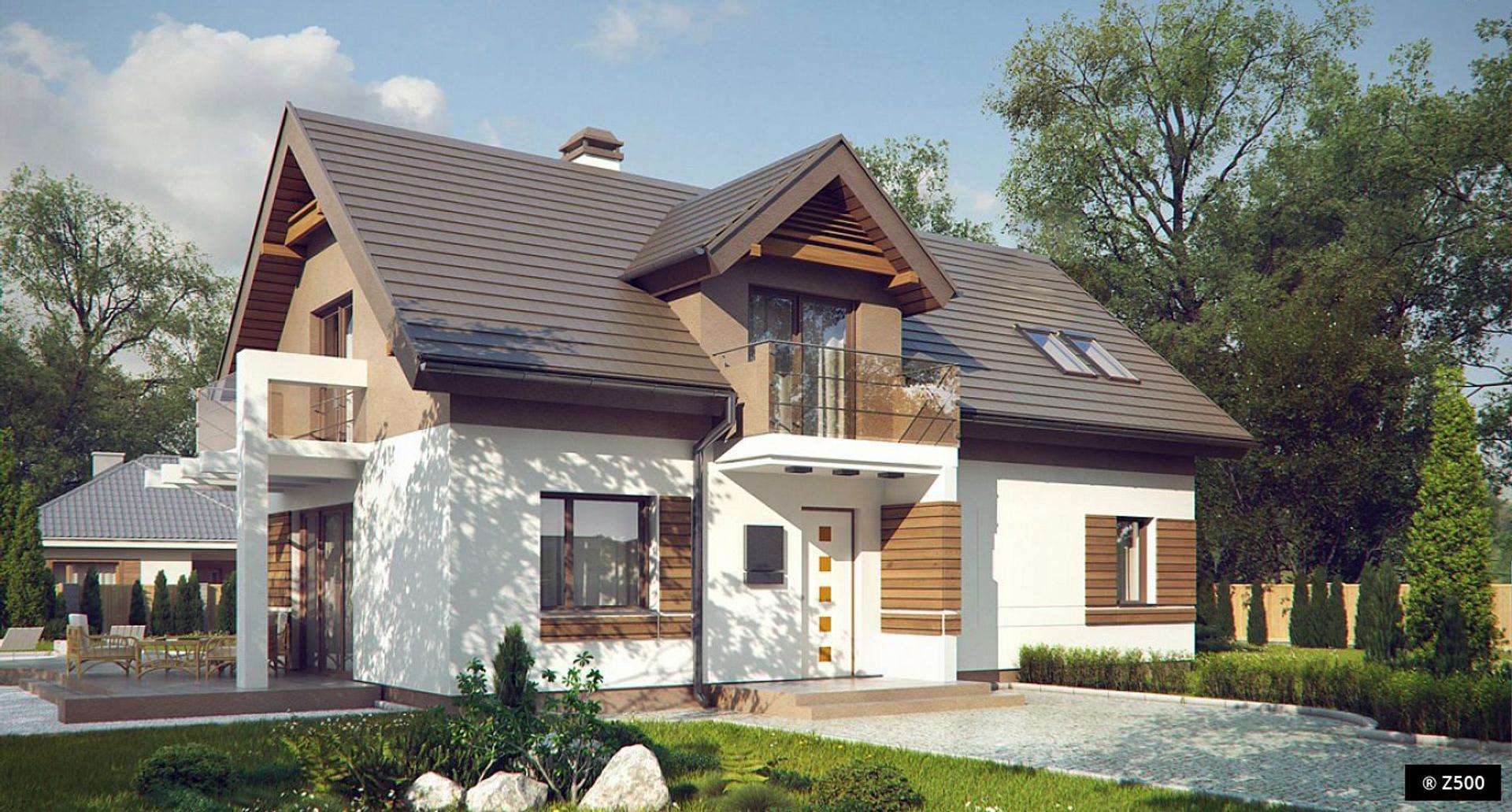 Fatada Casă cu mansardă 132 mp utili, un dormitor, 3 băi