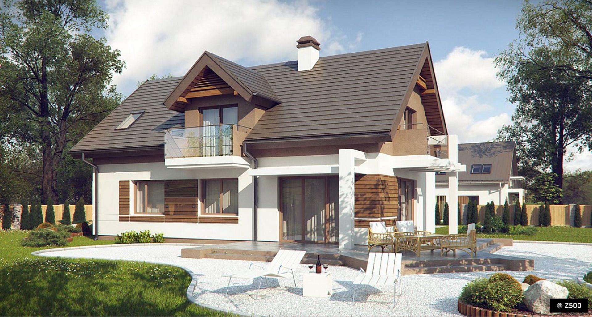Fatada Casă cu mansardă 132 mp utili, un dormitor, 3 băi