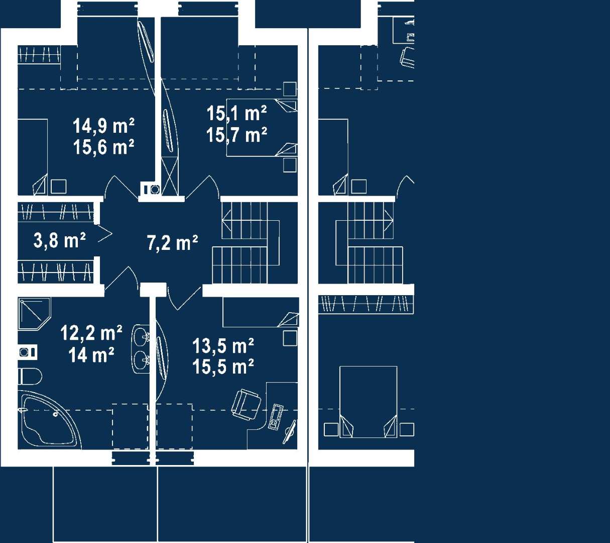 Plan mansardă Casă cu mansardă 129 mp utili, un dormitor, o baie