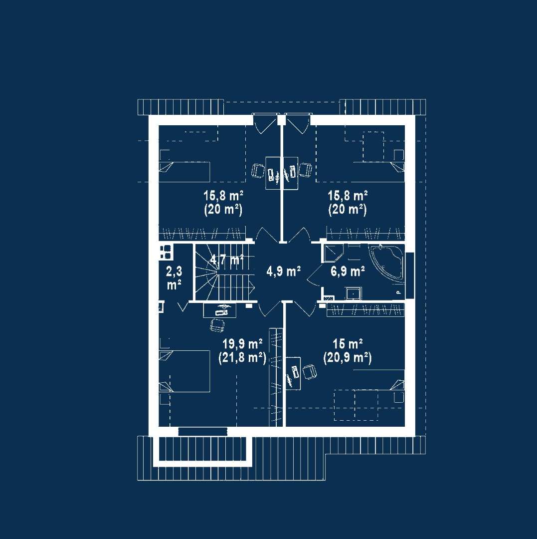 Plan mansardă Casă cu mansardă 158 mp utili, un dormitor, o baie
