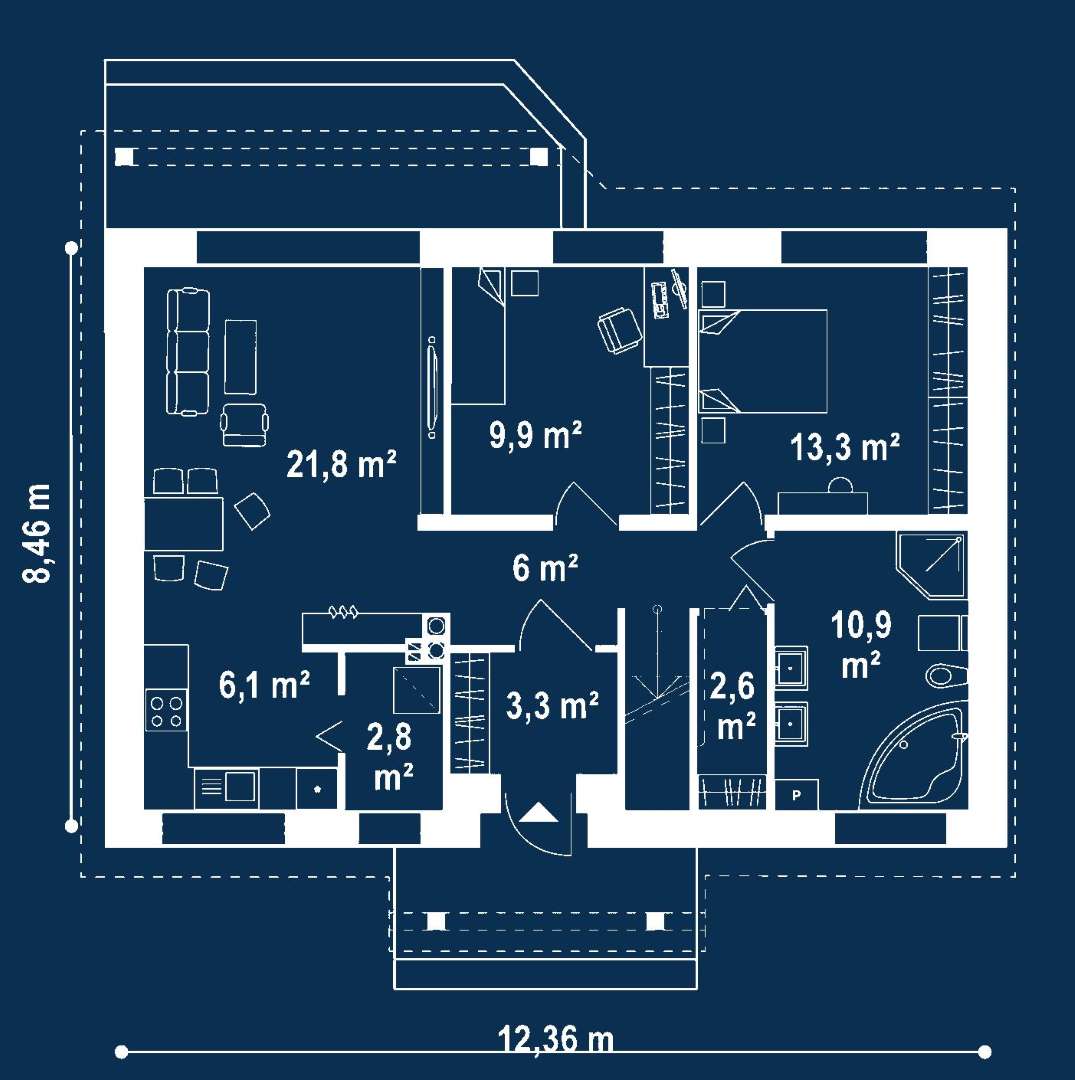 Plan parter Casă cu mansardă 125 mp utili, 2 dormitoare, 2 băi