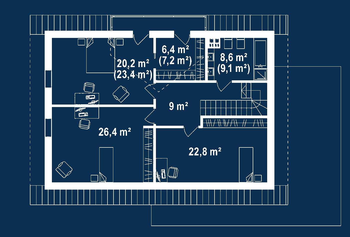 Plan mansardă Casă cu mansardă 185 mp utili, un dormitor, 2 băi