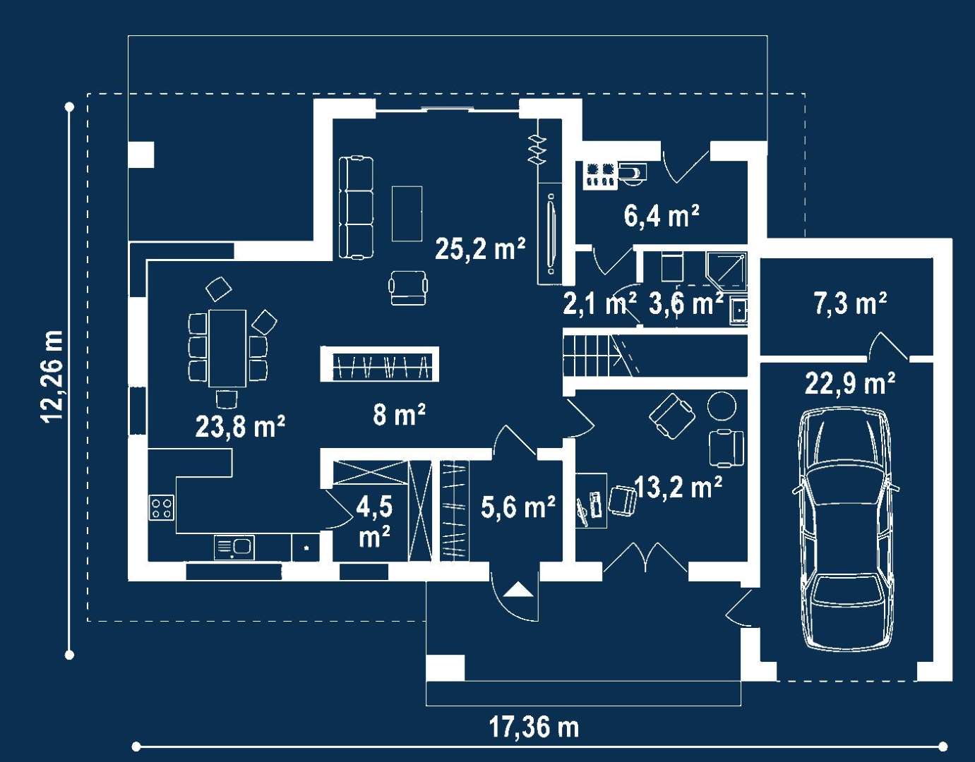 Plan parter Casă cu mansardă 185 mp utili, un dormitor, 2 băi