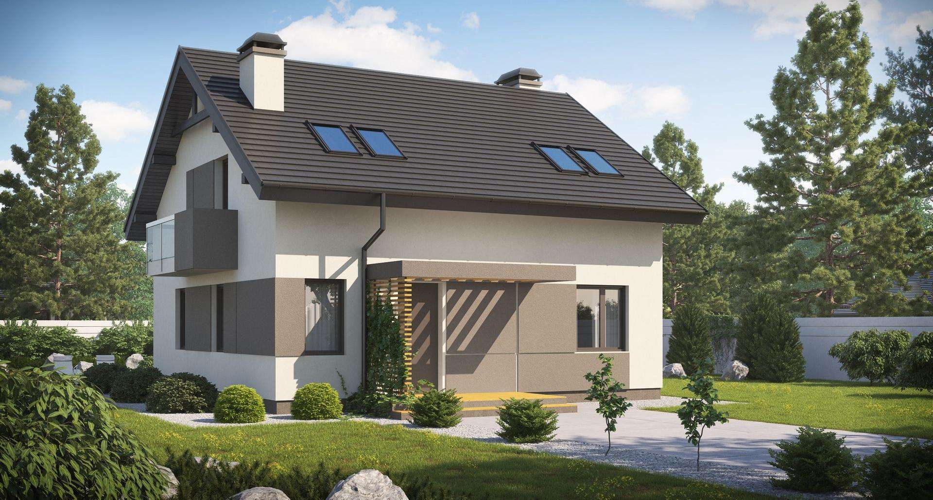 Fatada Casă cu mansardă 117 mp utili, un dormitor, 2 băi