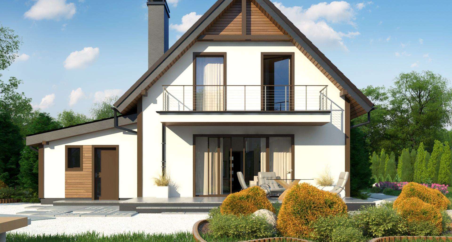 Fatada Casă cu mansardă 103 mp utili, un dormitor, 2 băi