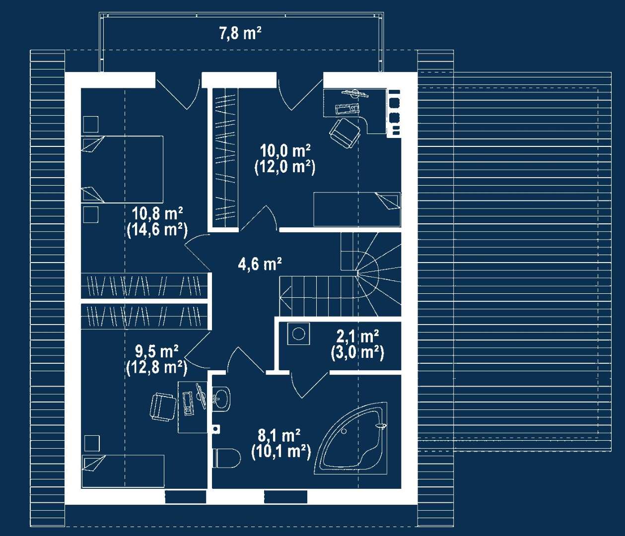 Plan mansardă Casă cu mansardă 103 mp utili, un dormitor, 2 băi