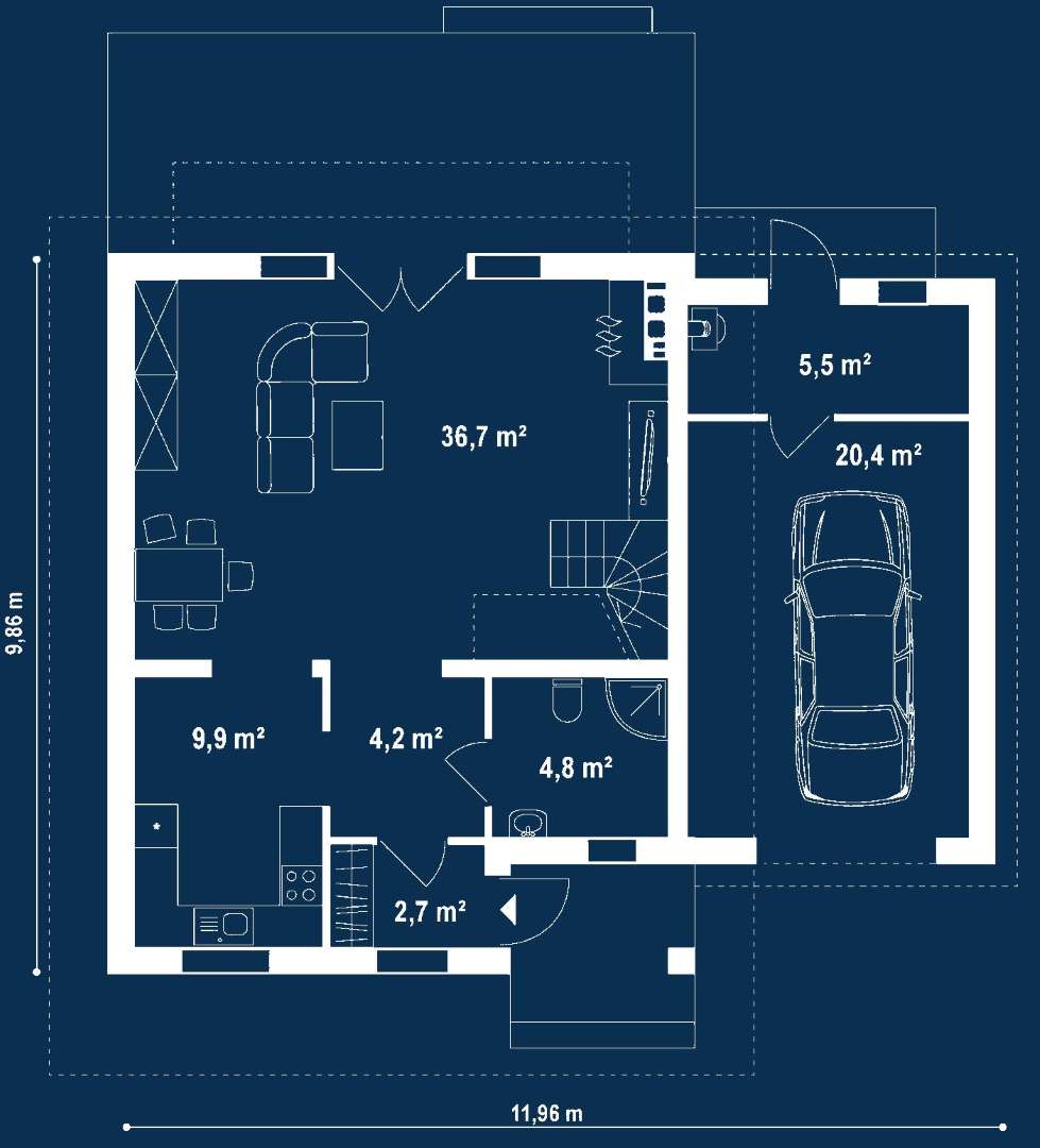 Plan parter Casă cu mansardă 103 mp utili, un dormitor, 2 băi