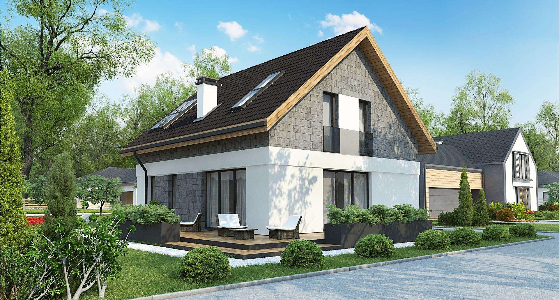 Fatada Casă cu mansardă 125 mp utili, un dormitor, o baie