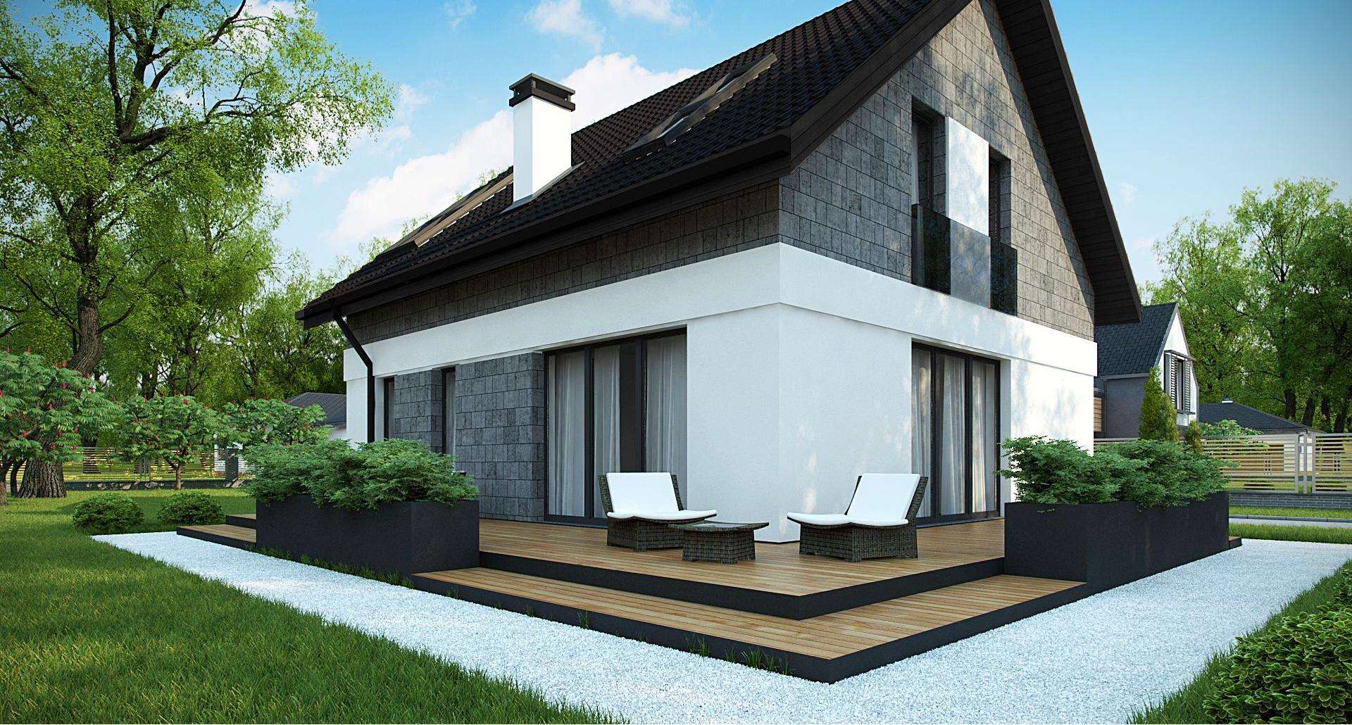 Fatada Casă cu mansardă 125 mp utili, un dormitor, o baie