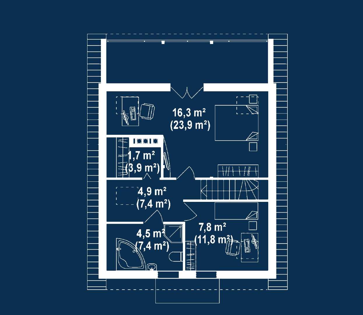 Plan mansardă Casă cu mansardă 85 mp utili, un dormitor, 2 băi