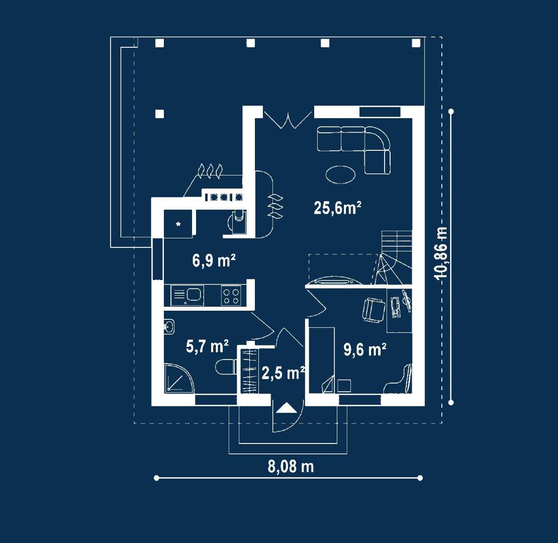 Plan parter Casă cu mansardă 85 mp utili, un dormitor, 2 băi
