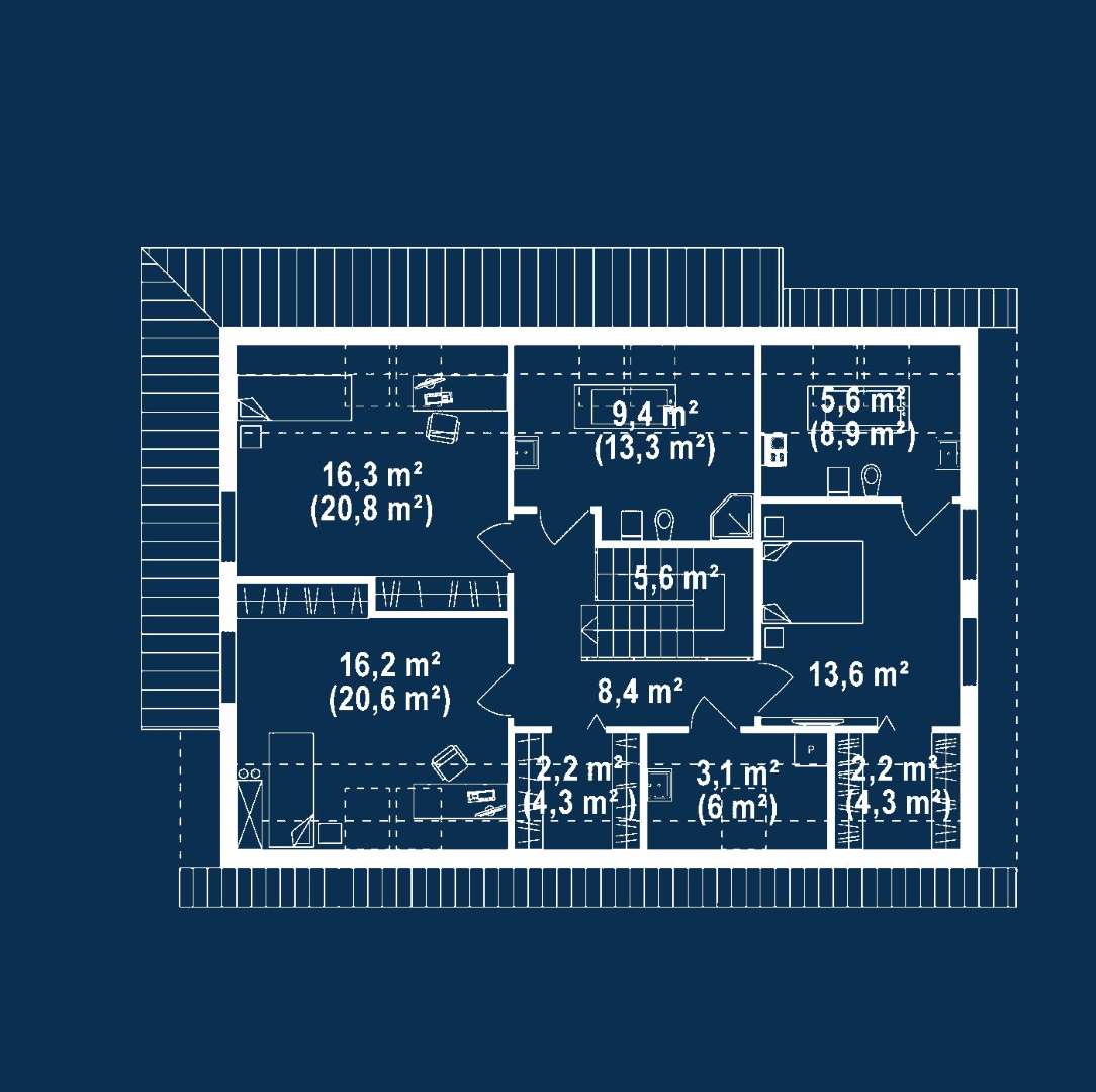 Plan mansardă Casă cu mansardă 143 mp utili, un dormitor, 3 băi