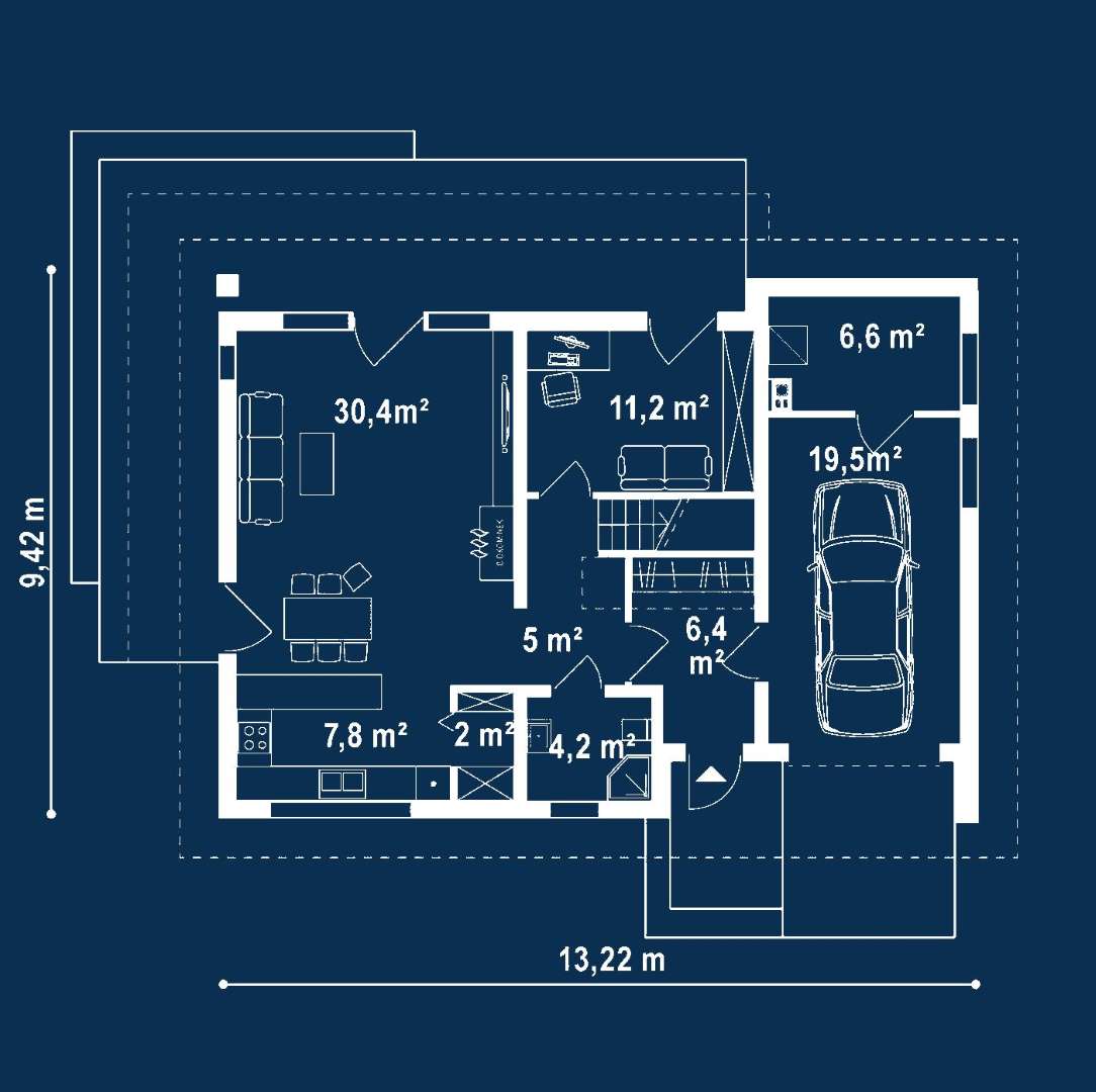 Plan parter Casă cu mansardă 143 mp utili, un dormitor, 3 băi