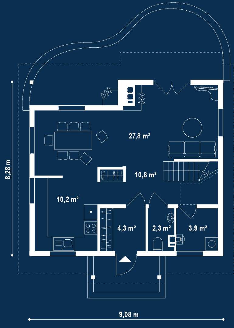 Plan parter Casă cu mansardă 105 mp utili, un dormitor, o baie