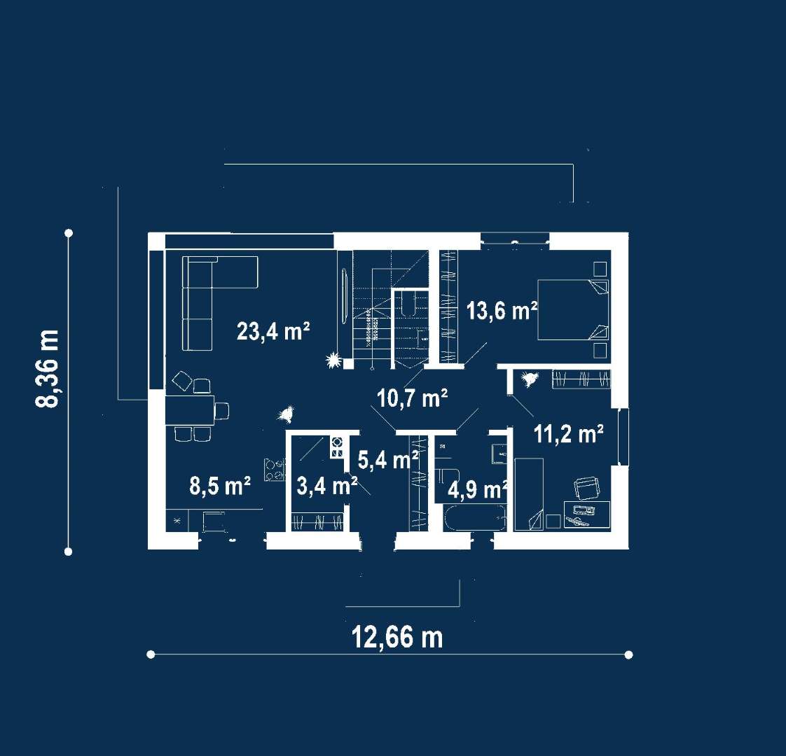 Plan parter Casă cu mansardă 137 mp utili, 2 dormitoare, 2 băi