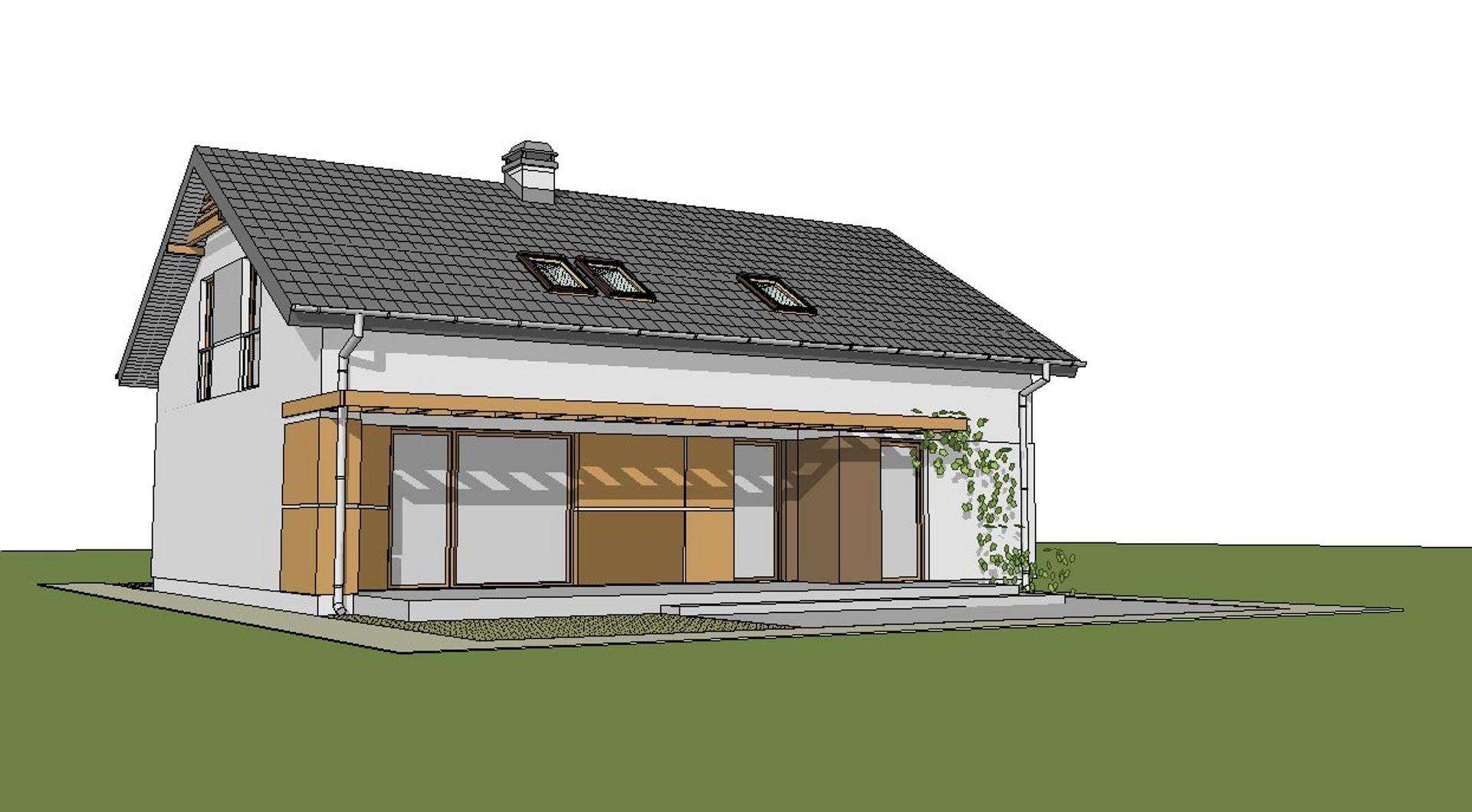 Fatada Casă cu mansardă 160 mp utili, un dormitor, 2 băi