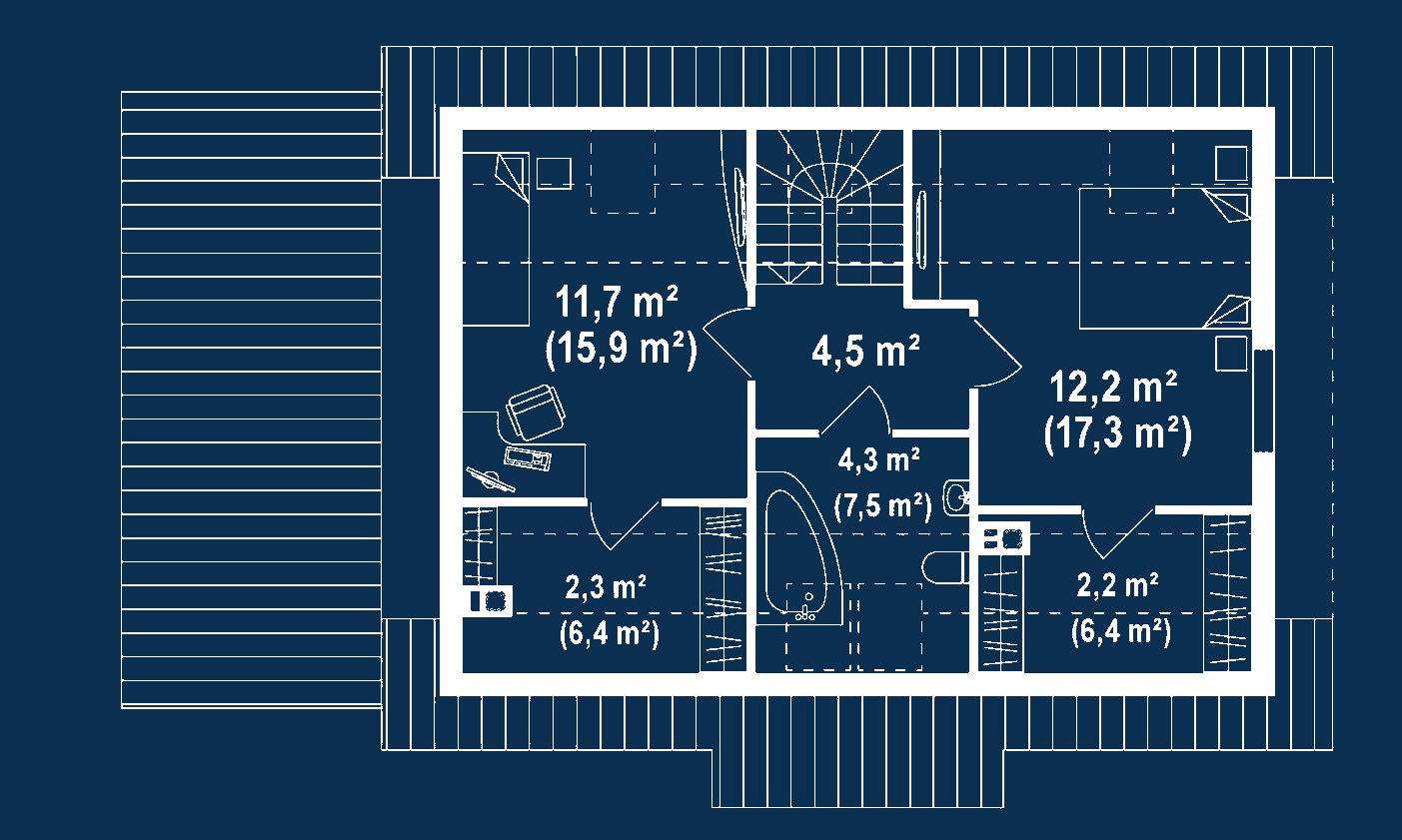 Plan mansardă Casă cu mansardă 96 mp utili, un dormitor, o baie